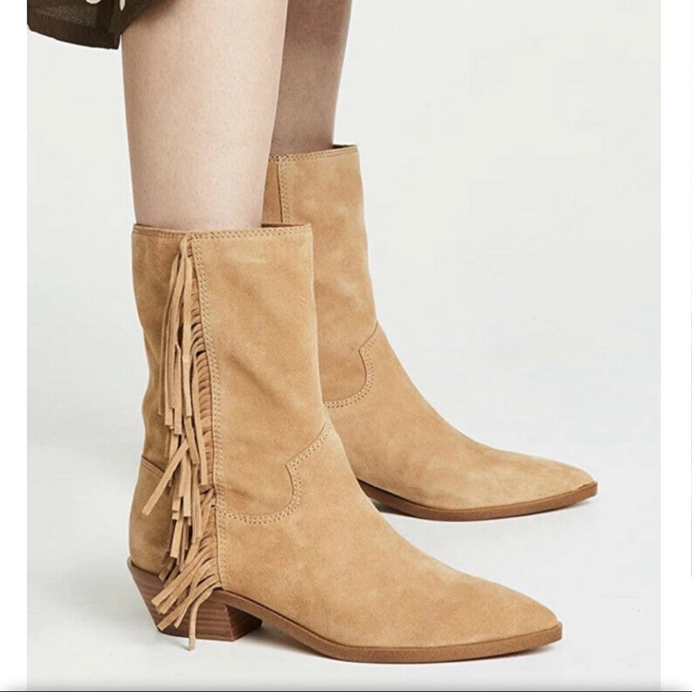 Rebecca Minkoff Krissa tan suede boots with fringe